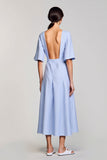 Robe Longue Bleu Satin Trapèze