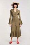 Robe Longue Satin Olive Trapèze Col V