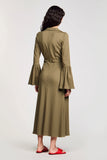 Robe Longue Satin Olive Trapèze Col V