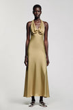 Robe Longue Doré Satin Trapèze Col V