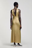 Robe Longue Doré Satin Trapèze Col V