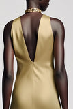 Robe Longue Doré Satin Trapèze Col V