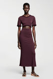 Robe Longue Rouge Foncé Satin Fourreau Col Bijou