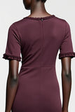 Robe Longue Rouge Foncé Satin Fourreau Col Bijou