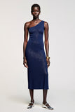 Robe Longue Bleu Foncé Fourreau Une Épaule