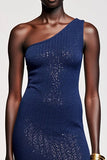 Robe Longue Bleu Foncé Fourreau Une Épaule
