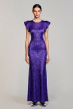 Robe Longue Violet Imprimer Fourreau Col Bijou