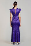 Robe Longue Violet Imprimer Fourreau Col Bijou