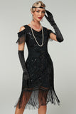 Rose Scintillant Noir Épaule Froide Paillette Court 1920s avec Franges