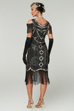 Rose Scintillant Noir Épaule Froide Paillette Court 1920s avec Franges