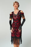 Rose Scintillant Noir Épaule Froide Paillette Court 1920s avec Franges