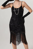 Rose Scintillant Noir Paillette Bretelles Spaghetti Moulant Court 1920s avec Franges