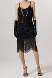 Rose Scintillant Noir Paillette Bretelles Spaghetti Moulant Court 1920s avec Franges