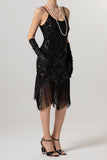 Rose Scintillant Noir Paillette Bretelles Spaghetti Moulant Court 1920s avec Franges