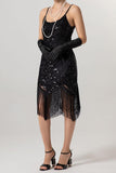 Rose Scintillant Noir Paillette Bretelles Spaghetti Moulant Court 1920s avec Franges