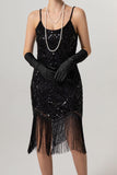 Rose Scintillant Noir Paillette Bretelles Spaghetti Moulant Court 1920s avec Franges