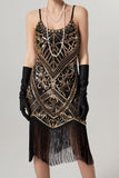 Rose Scintillant Noir Paillette Bretelles Spaghetti Moulant Court 1920s avec Franges