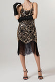 Rose Scintillant Noir Paillette Bretelles Spaghetti Moulant Court 1920s avec Franges
