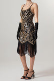 Rose Scintillant Noir Paillette Bretelles Spaghetti Moulant Court 1920s avec Franges
