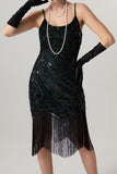 Rose Scintillant Noir Paillette Bretelles Spaghetti Moulant Court 1920s avec Franges