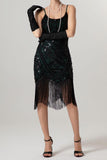 Rose Scintillant Noir Paillette Bretelles Spaghetti Moulant Court 1920s avec Franges