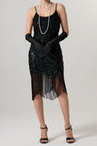 Rose Scintillant Noir Paillette Bretelles Spaghetti Moulant Court 1920s avec Franges