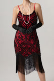 Rose Scintillant Noir Paillette Bretelles Spaghetti Moulant Court 1920s avec Franges