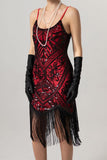 Rose Scintillant Noir Paillette Bretelles Spaghetti Moulant Court 1920s avec Franges