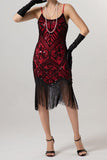Rose Scintillant Noir Paillette Bretelles Spaghetti Moulant Court 1920s avec Franges