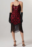 Rose Scintillant Noir Paillette Bretelles Spaghetti Moulant Court 1920s avec Franges