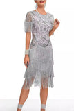 Rose Scintillant Abricot Moulant Bordé Court 1920s avec Strass