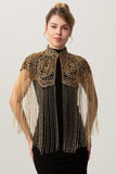 Rose Scintillant Noir Doré Franges 1920s Cape avec Perlé