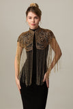 Rose Scintillant Noir Doré Franges 1920s Cape avec Perlé
