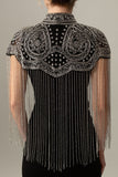 Rose Scintillant Noir Doré Franges 1920s Cape avec Perlé