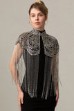 Rose Scintillant Noir Doré Franges 1920s Cape avec Perlé
