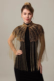 Rose Scintillant Perlé Noir Doré 1920s Cape avec Franges