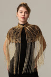 Rose Scintillant Perlé Noir Doré 1920s Cape avec Franges