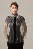 Rose Scintillant Perlé Noir Doré 1920s Cape avec Franges