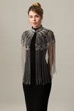Rose Scintillant Perlé Noir Doré 1920s Cape avec Franges