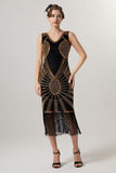 Rose Scintillant Noir Doré Moulant Perlé Court 1920s avec Franges