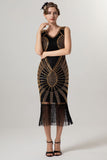 Rose Scintillant Noir Doré Moulant Perlé Court 1920s avec Franges