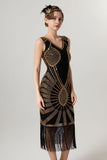 Rose Scintillant Noir Doré Moulant Perlé Court 1920s avec Franges
