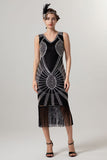 Rose Scintillant Noir Doré Moulant Perlé Court 1920s avec Franges