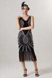 Rose Scintillant Noir Doré Moulant Perlé Court 1920s avec Franges