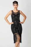 Rose Scintillant Noir Franges Moulant Perlé Court 1920s avec Paillettes