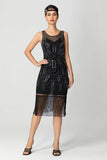 Rose Scintillant Noir Franges Moulant Perlé Court 1920s avec Paillettes