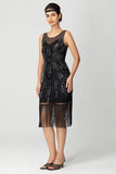 Rose Scintillant Noir Franges Moulant Perlé Court 1920s avec Paillettes
