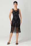 Rose Scintillant Noir Franges Moulant Perlé Court 1920s avec Paillettes