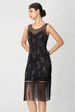 Rose Scintillant Noir Franges Moulant Perlé Court 1920s avec Paillettes