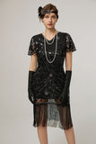 Rose Scintillant Noir Paillettes Moulant Manches Courtes 1920s avec Franges